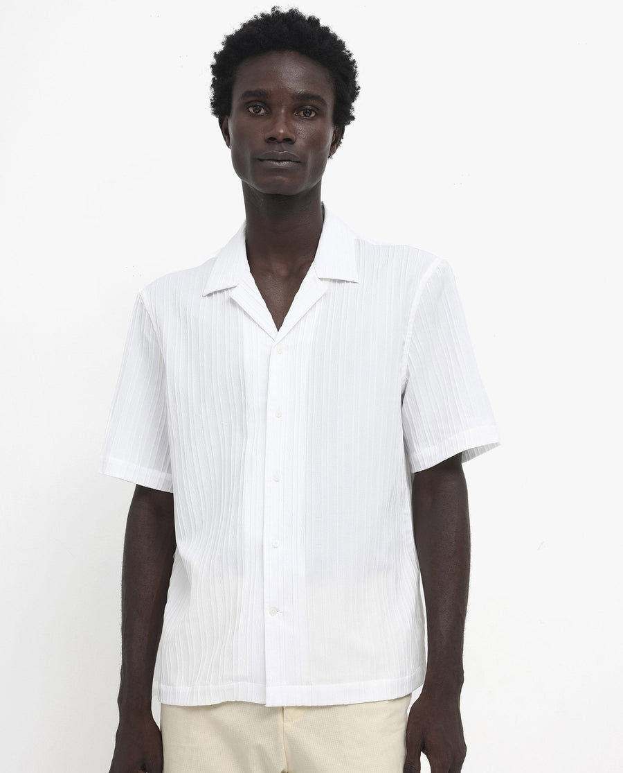 Rare Rabbit Men's Mirtilo White Polyester Striped Print Boxy Fit Half Sleeve Cuban Collar Shirt