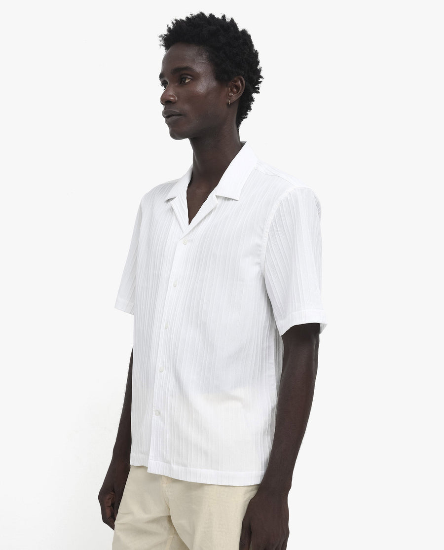 Rare Rabbit Men's Mirtilo White Polyester Striped Print Boxy Fit Half Sleeve Cuban Collar Shirt