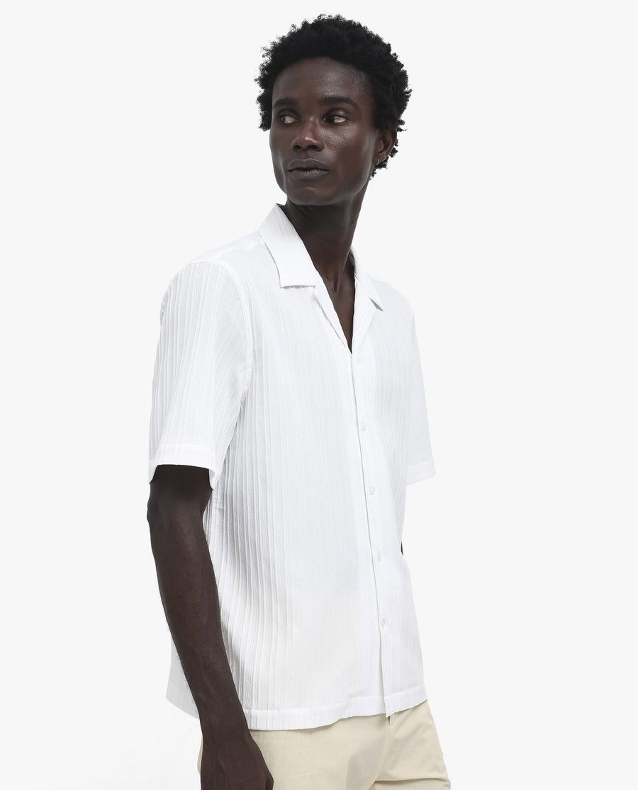 Rare Rabbit Men's Mirtilo White Polyester Striped Print Boxy Fit Half Sleeve Cuban Collar Shirt
