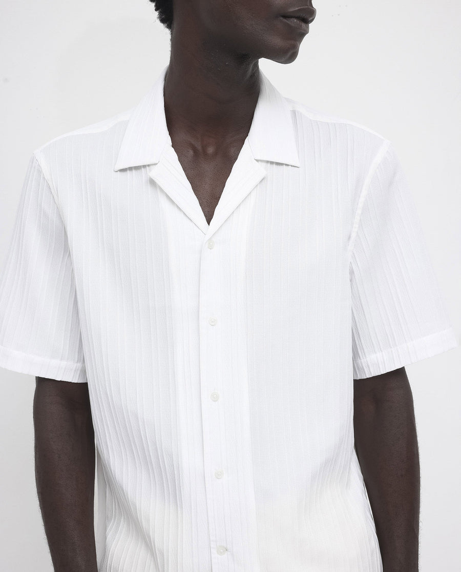 Rare Rabbit Men's Mirtilo White Polyester Striped Print Boxy Fit Half Sleeve Cuban Collar Shirt