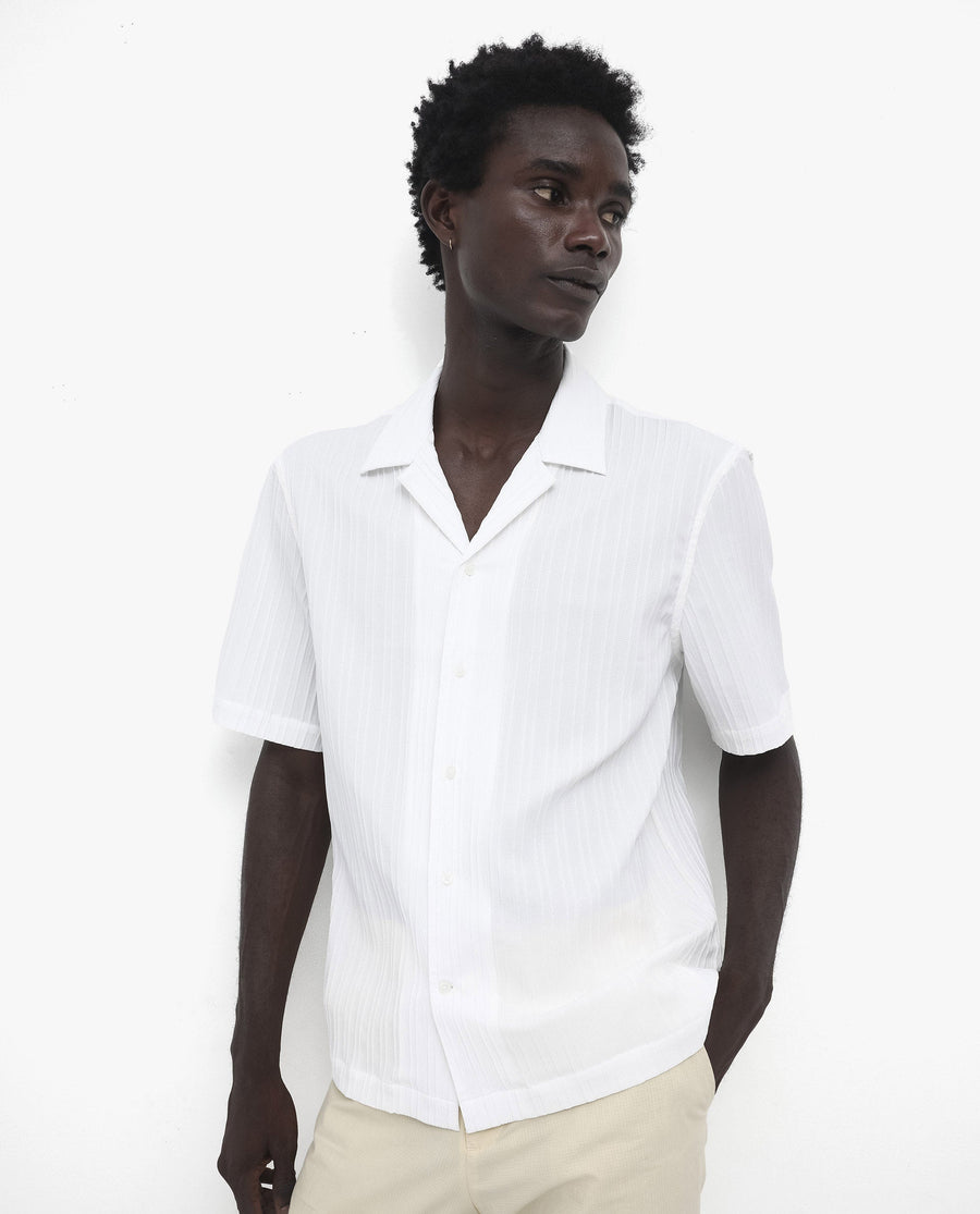 Rare Rabbit Men's Mirtilo White Polyester Striped Print Boxy Fit Half Sleeve Cuban Collar Shirt