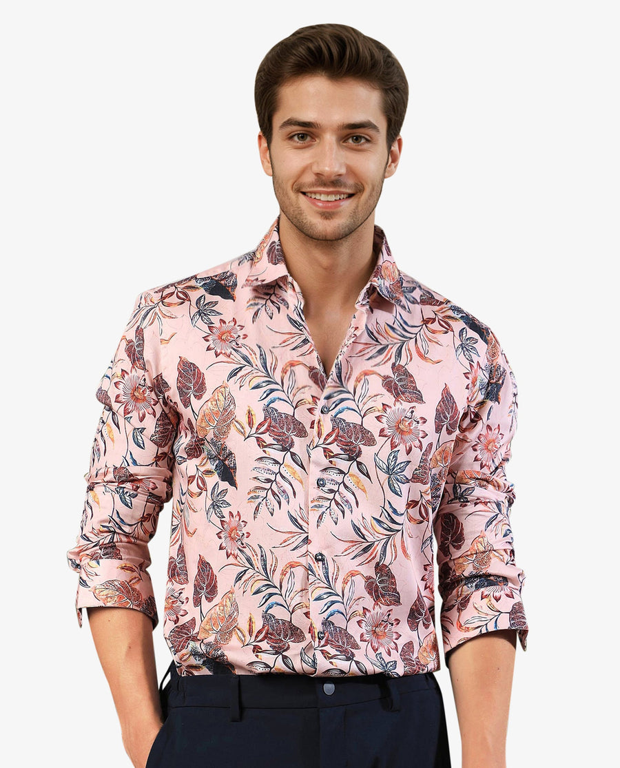 Rare Rabbit Men's Mison Pink Cotton Floral Print Regular Fit Full Sleeve Collared Shirt