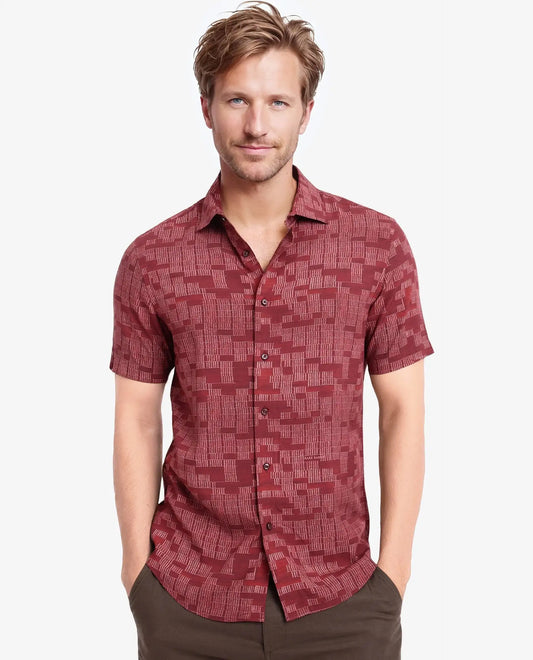 Rare Rabbit Men's Mitho Red Geometric Print Regular Fit Full Sleeve Collared Shirt