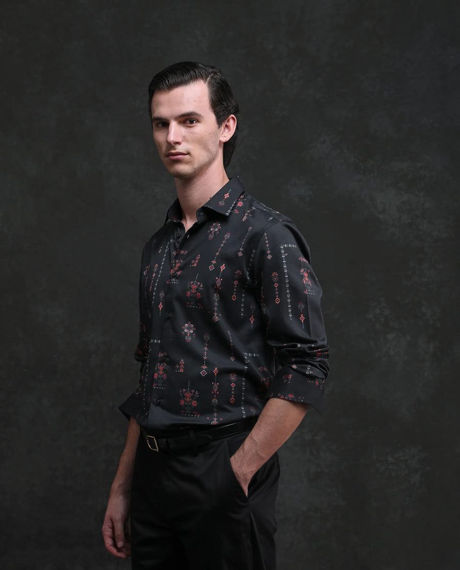 Rare Rabbit Men's Mivor Black Cotton Blend Fabric Full Sleeves Collared Neck Button Closure Art Decor Print Shirt
