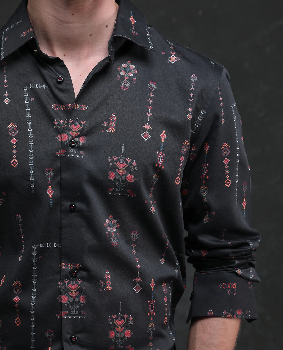 Rare Rabbit Men's Mivor Black Cotton Blend Fabric Full Sleeves Collared Neck Button Closure Art Decor Print Shirt