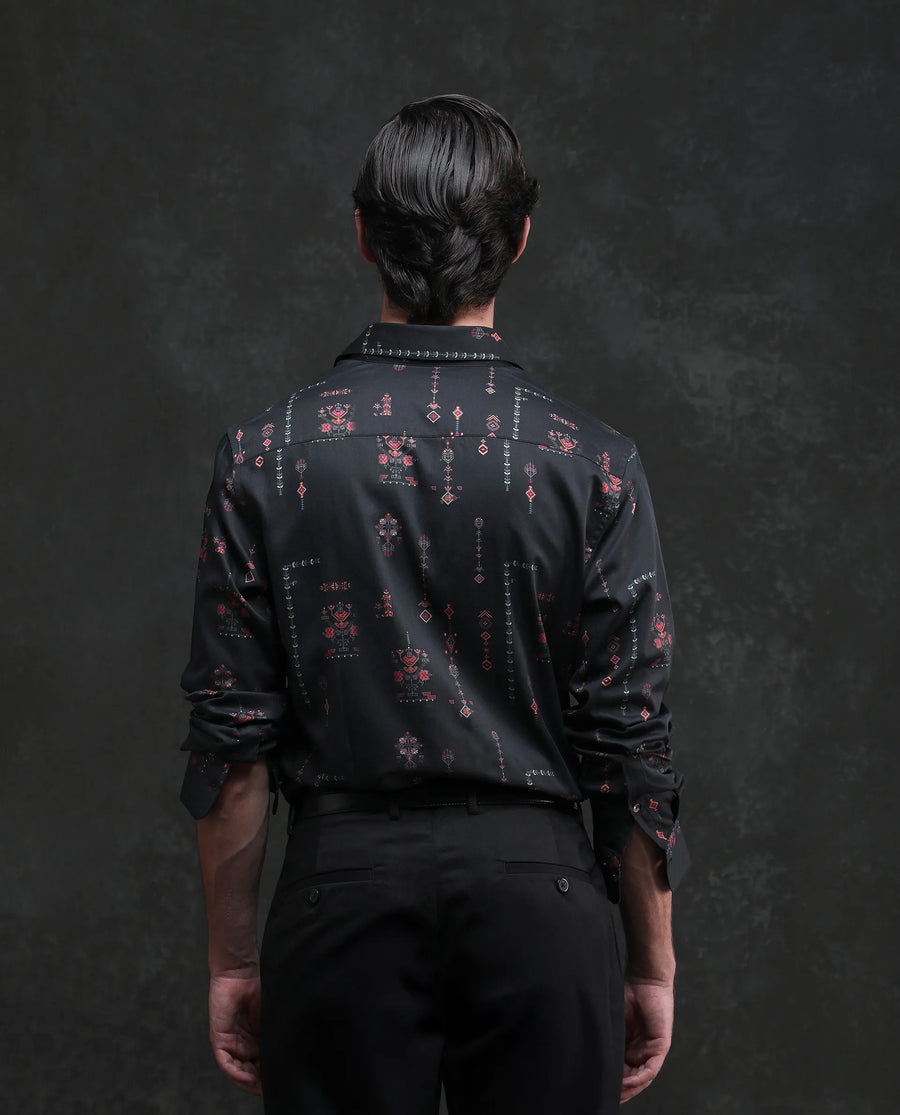 Rare Rabbit Men's Mivor Black Cotton Blend Fabric Full Sleeves Collared Neck Button Closure Art Decor Print Shirt