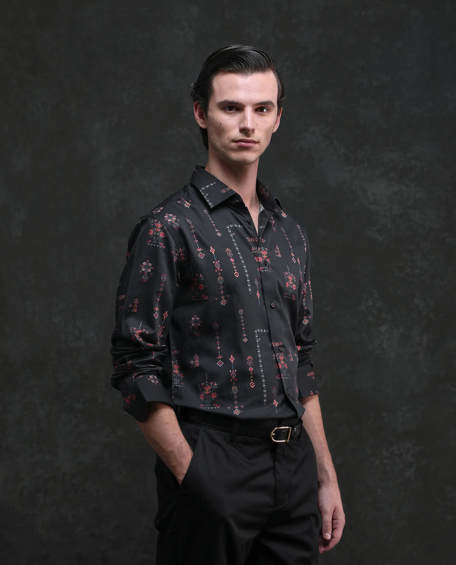 Rare Rabbit Men's Mivor Black Cotton Blend Fabric Full Sleeves Collared Neck Button Closure Art Decor Print Shirt