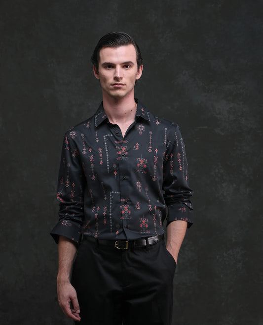 Rare Rabbit Men's Mivor Black Cotton Blend Fabric Full Sleeves Collared Neck Button Closure Art Decor Print Shirt