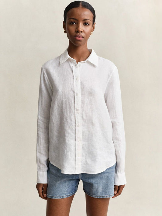 Gant Women White Solid Regular Fit Pure Linen Shirt