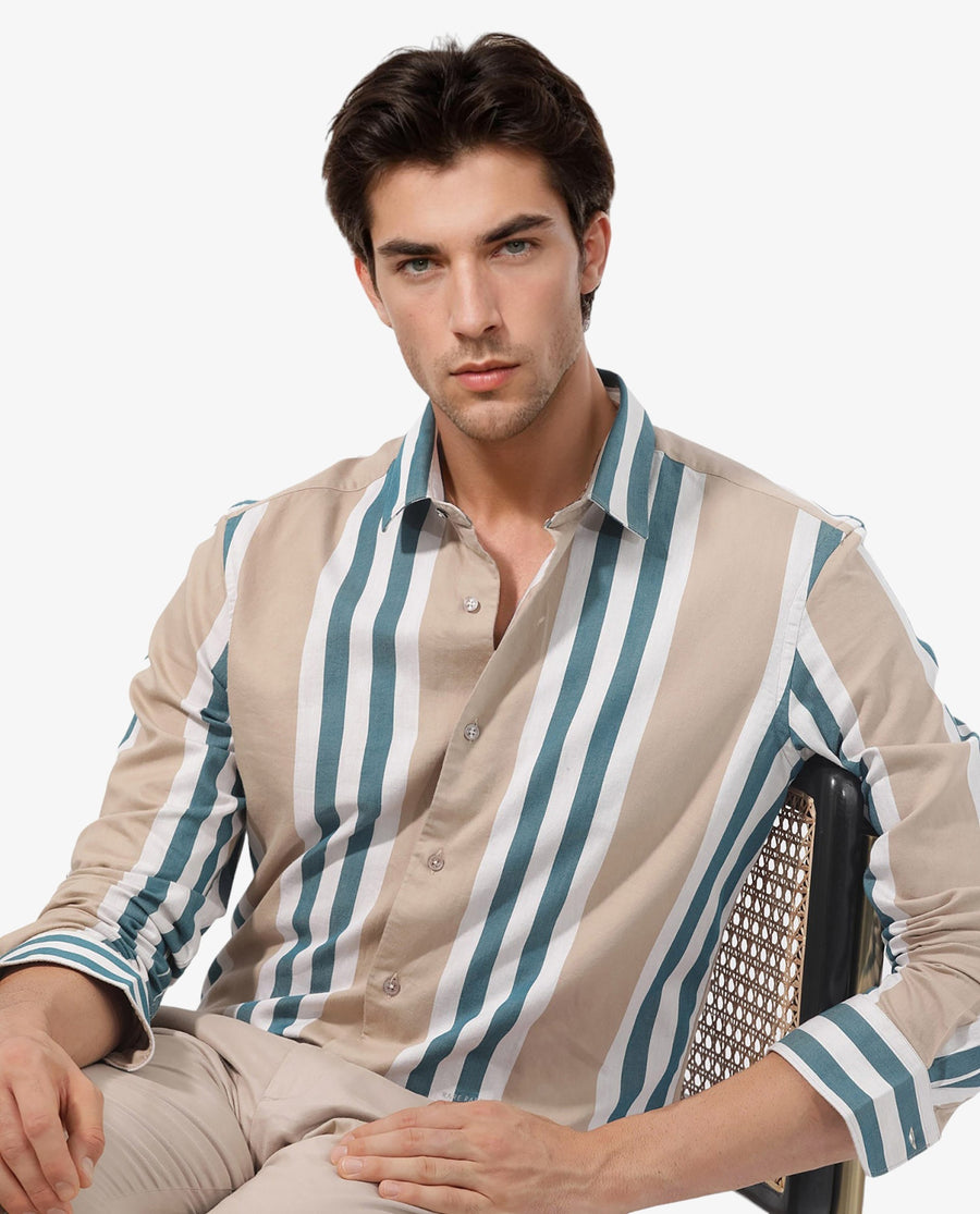 Rare Rabbit Men's Modena Light Brown Cotton Striped Print Regular Fit Full Sleeve Collared Shirt