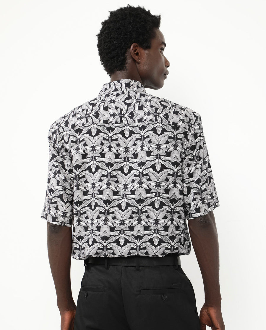 Rare Rabbit Men's Mogu Black Viscose Tropical Print Boxy Fit Half Sleeve Collared Shirt