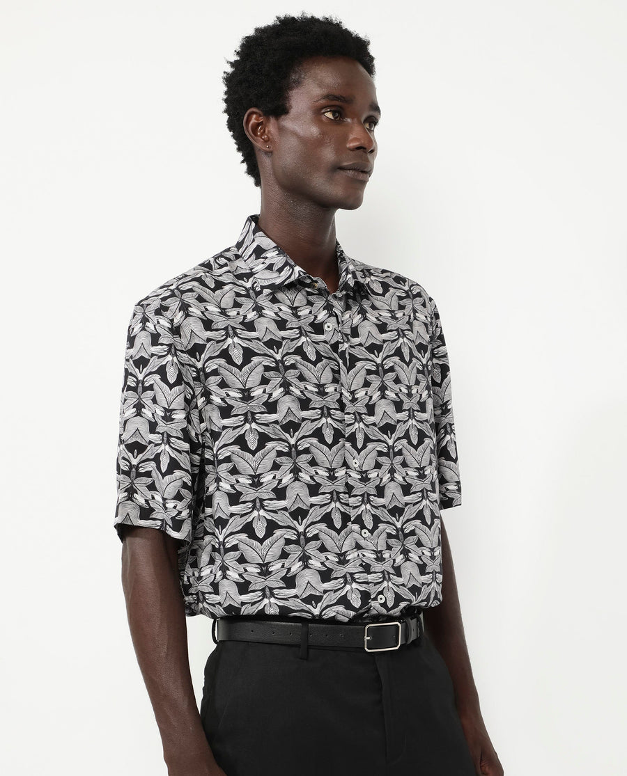 Rare Rabbit Men's Mogu Black Viscose Tropical Print Boxy Fit Half Sleeve Collared Shirt