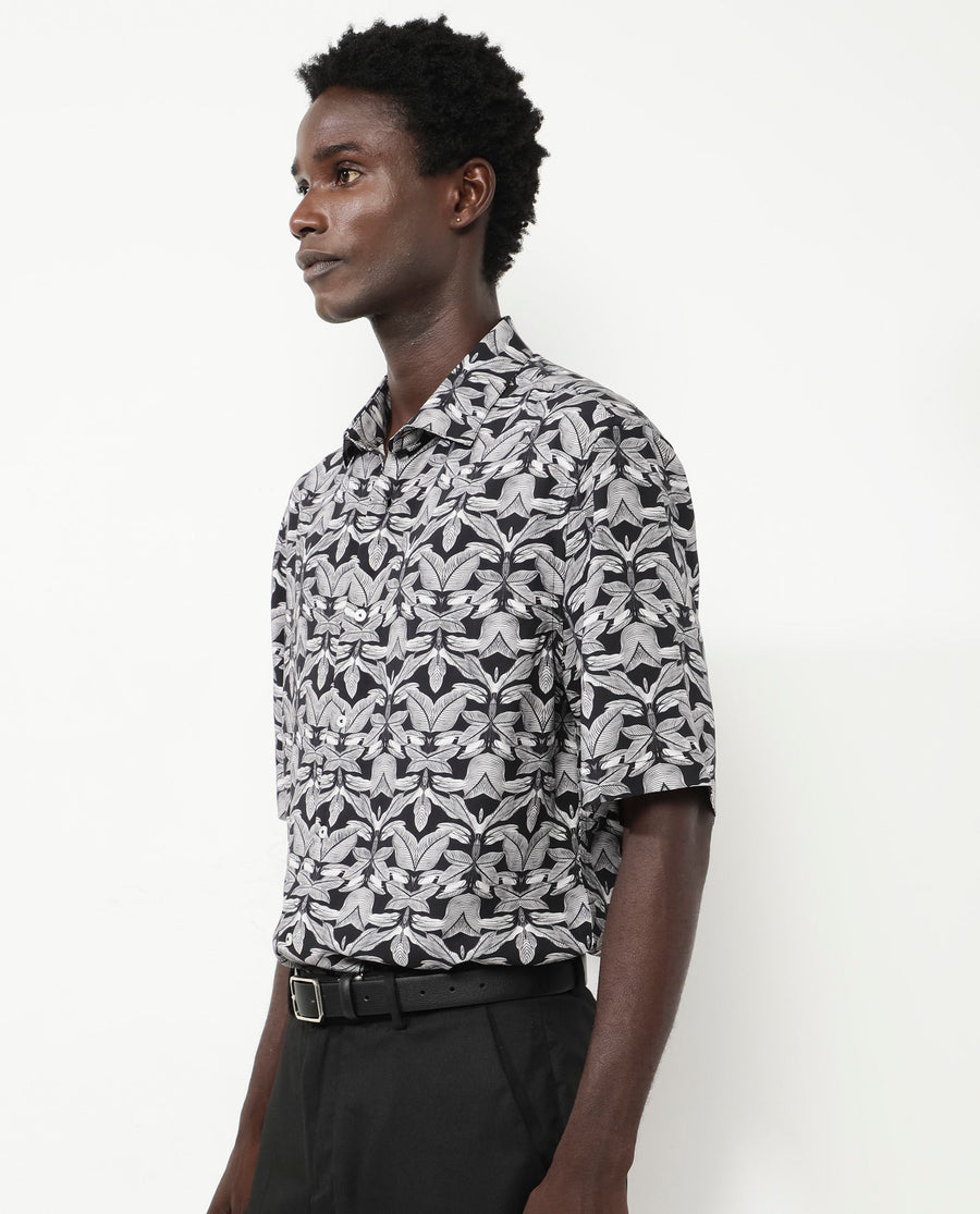 Rare Rabbit Men's Mogu Black Viscose Tropical Print Boxy Fit Half Sleeve Collared Shirt