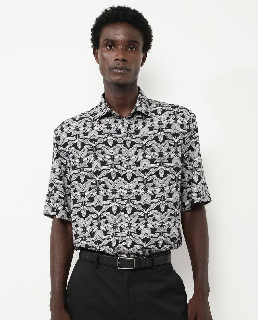 Rare Rabbit Men's Mogu Black Viscose Tropical Print Boxy Fit Half Sleeve Collared Shirt