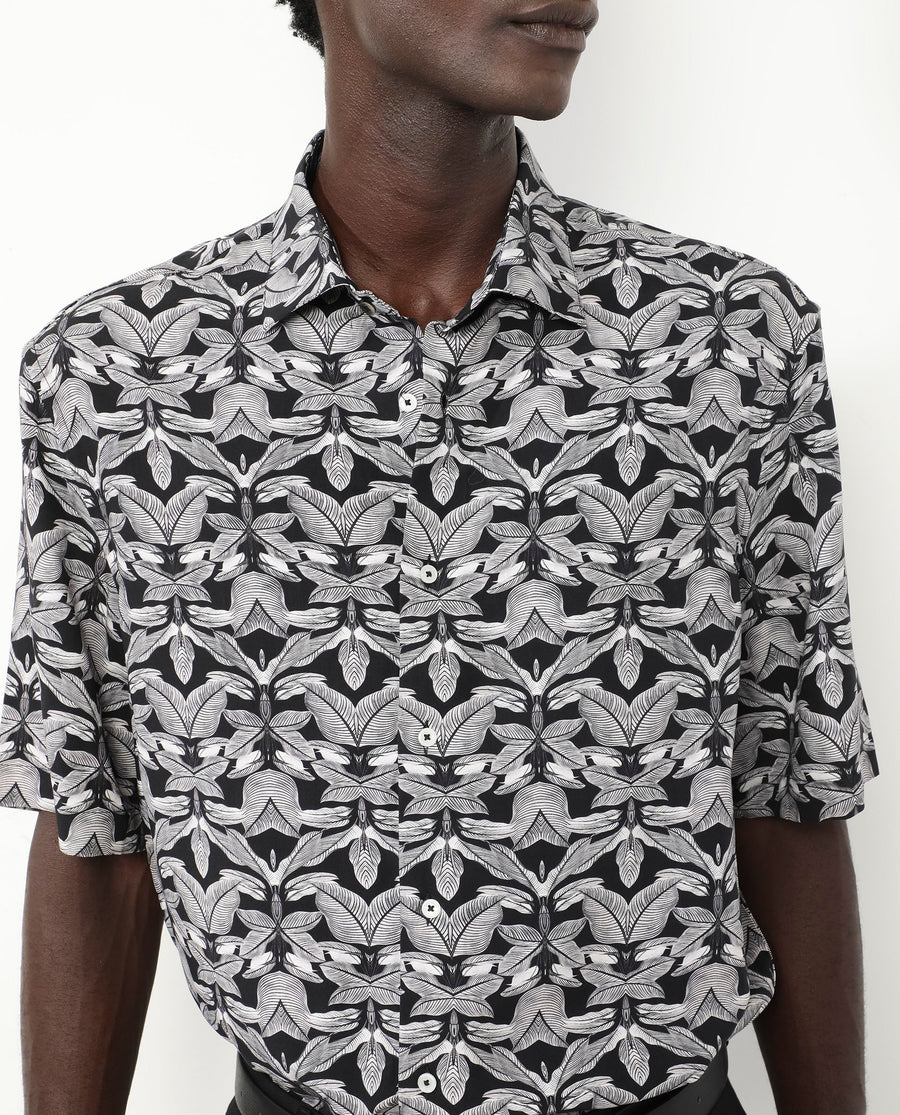 Rare Rabbit Men's Mogu Black Viscose Tropical Print Boxy Fit Half Sleeve Collared Shirt
