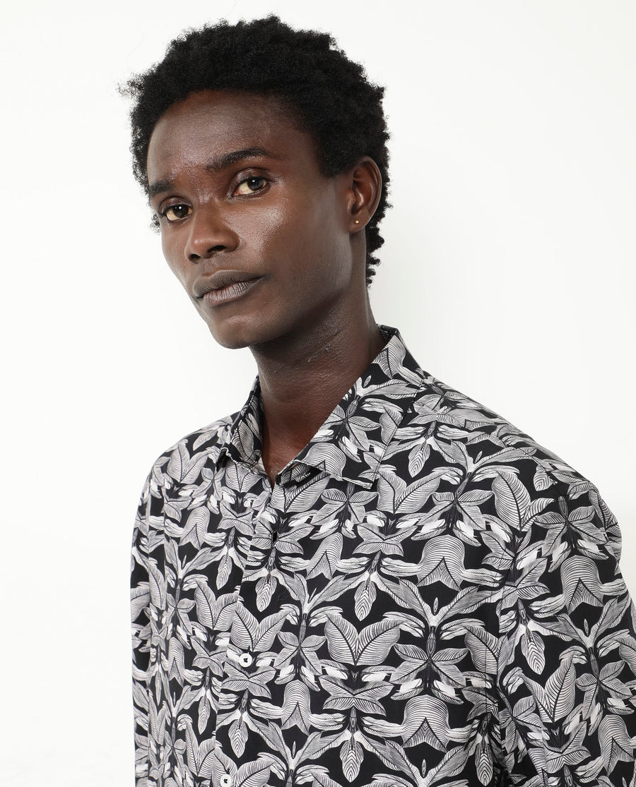 Rare Rabbit Men's Mogu Black Viscose Tropical Print Boxy Fit Half Sleeve Collared Shirt