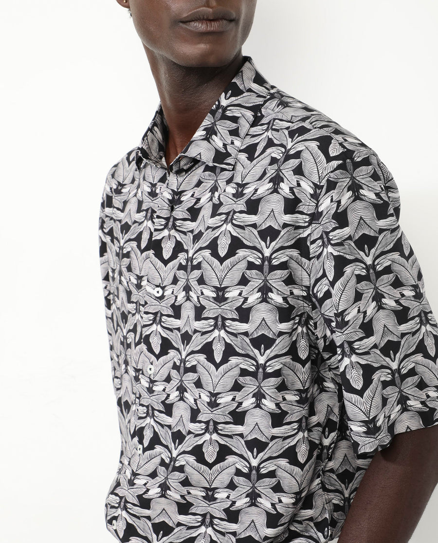 Rare Rabbit Men's Mogu Black Viscose Tropical Print Boxy Fit Half Sleeve Collared Shirt