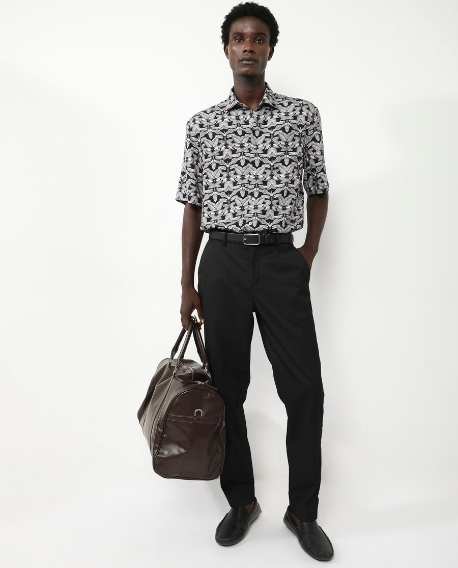 Rare Rabbit Men's Mogu Black Viscose Tropical Print Boxy Fit Half Sleeve Collared Shirt