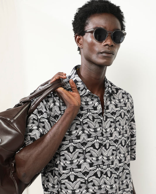 Rare Rabbit Men's Mogu Black Viscose Tropical Print Boxy Fit Half Sleeve Collared Shirt