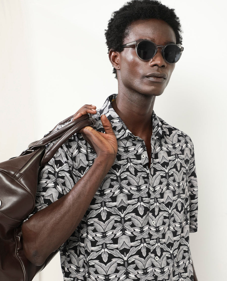 Rare Rabbit Men's Mogu Black Viscose Tropical Print Boxy Fit Half Sleeve Collared Shirt