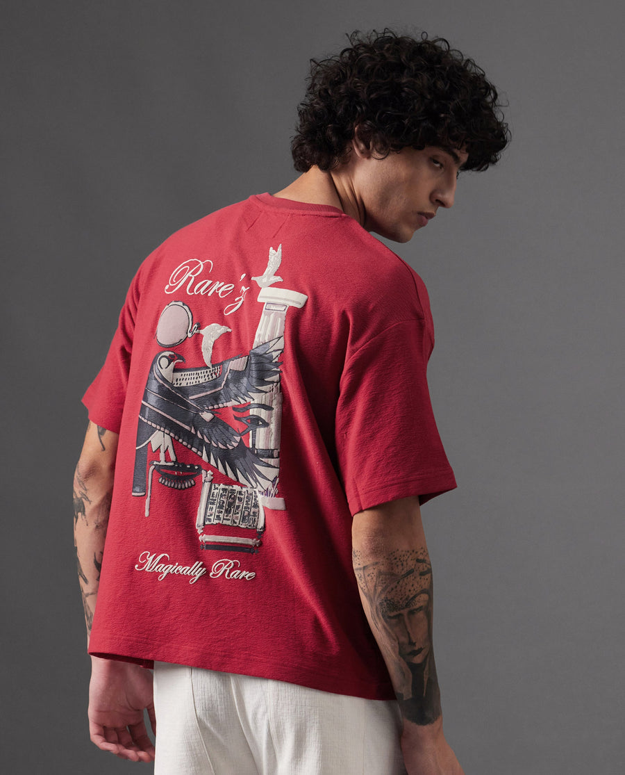 Rare Rabbit Men's Molo Red Cotton Graphic Print Oversized Fit Half Sleeve Crew Neck T-Shirt