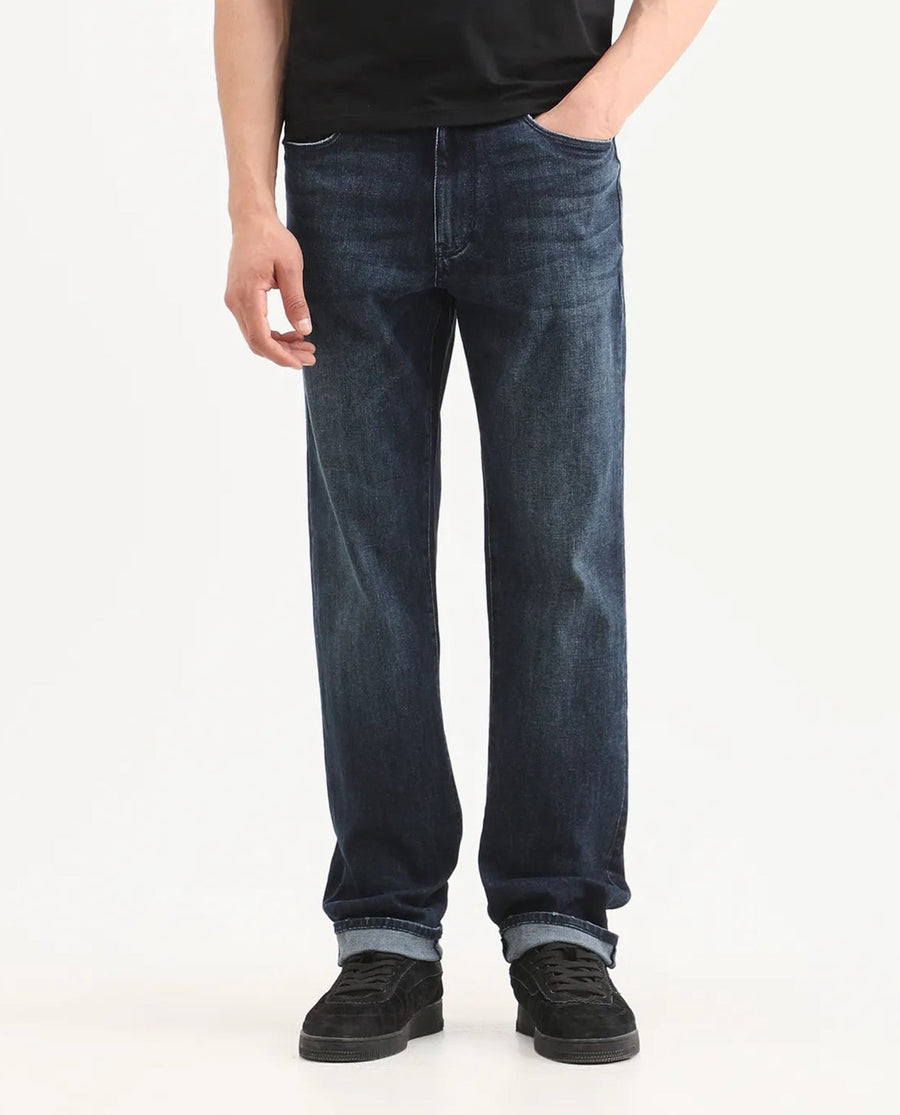 Rare Rabbit Men's Mond Dark Blue Cotton Blend Fabric Morris Regular Fit Plain Jeans