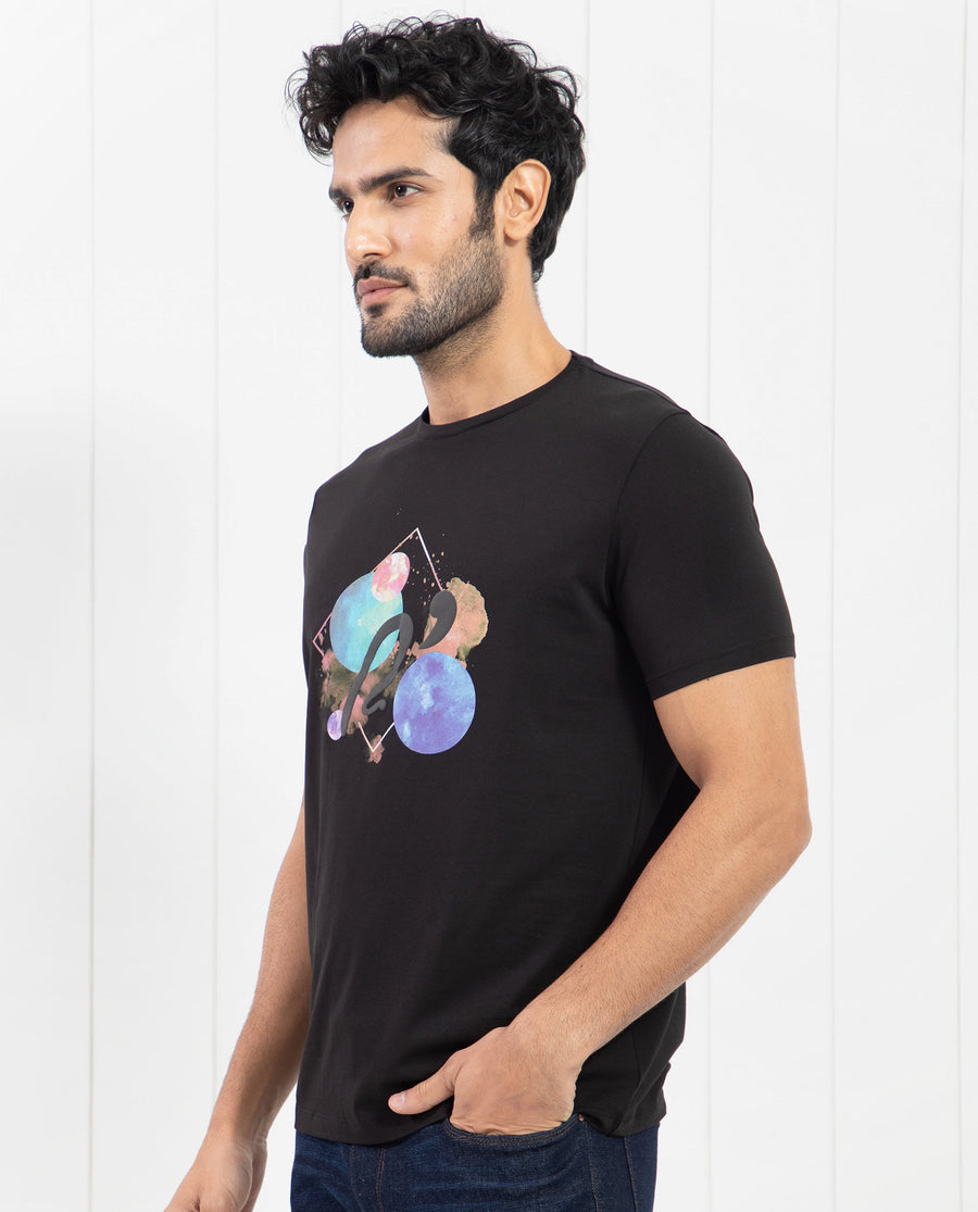 Rare Rabbit Men's Moreno Black Cotton Graphic Print Regular Fit Half Sleeve Crew Neck T-Shirt
