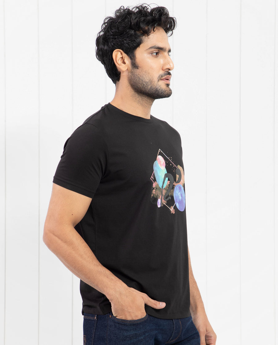 Rare Rabbit Men's Moreno Black Cotton Graphic Print Regular Fit Half Sleeve Crew Neck T-Shirt