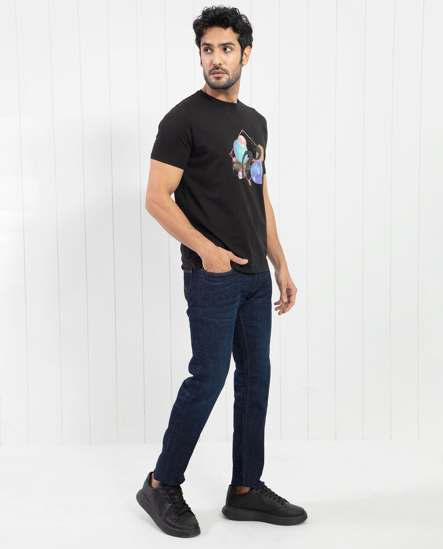 Rare Rabbit Men's Moreno Black Cotton Graphic Print Regular Fit Half Sleeve Crew Neck T-Shirt