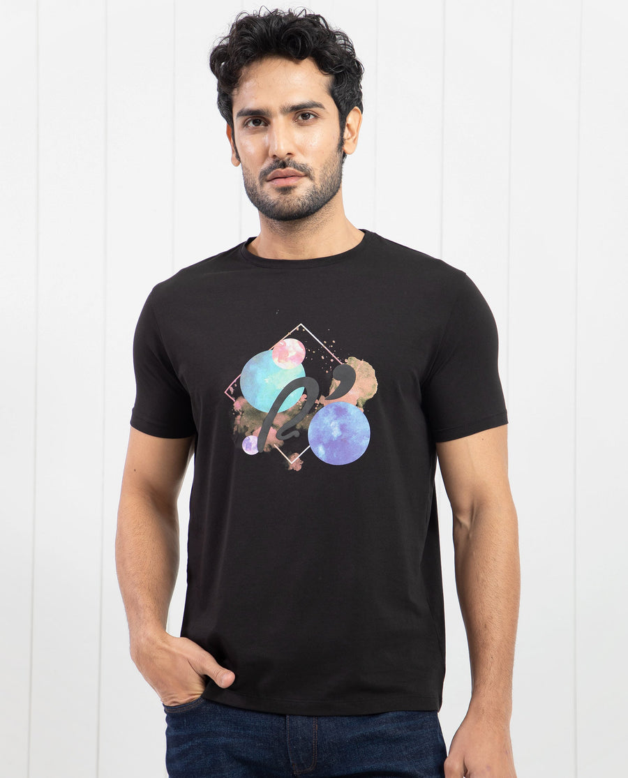Rare Rabbit Men's Moreno Black Cotton Graphic Print Regular Fit Half Sleeve Crew Neck T-Shirt