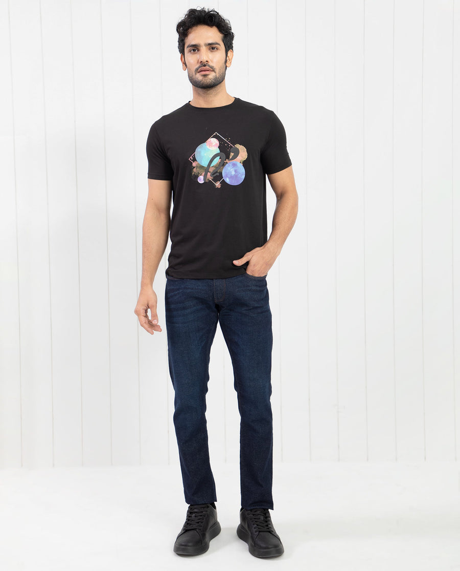 Rare Rabbit Men's Moreno Black Cotton Graphic Print Regular Fit Half Sleeve Crew Neck T-Shirt