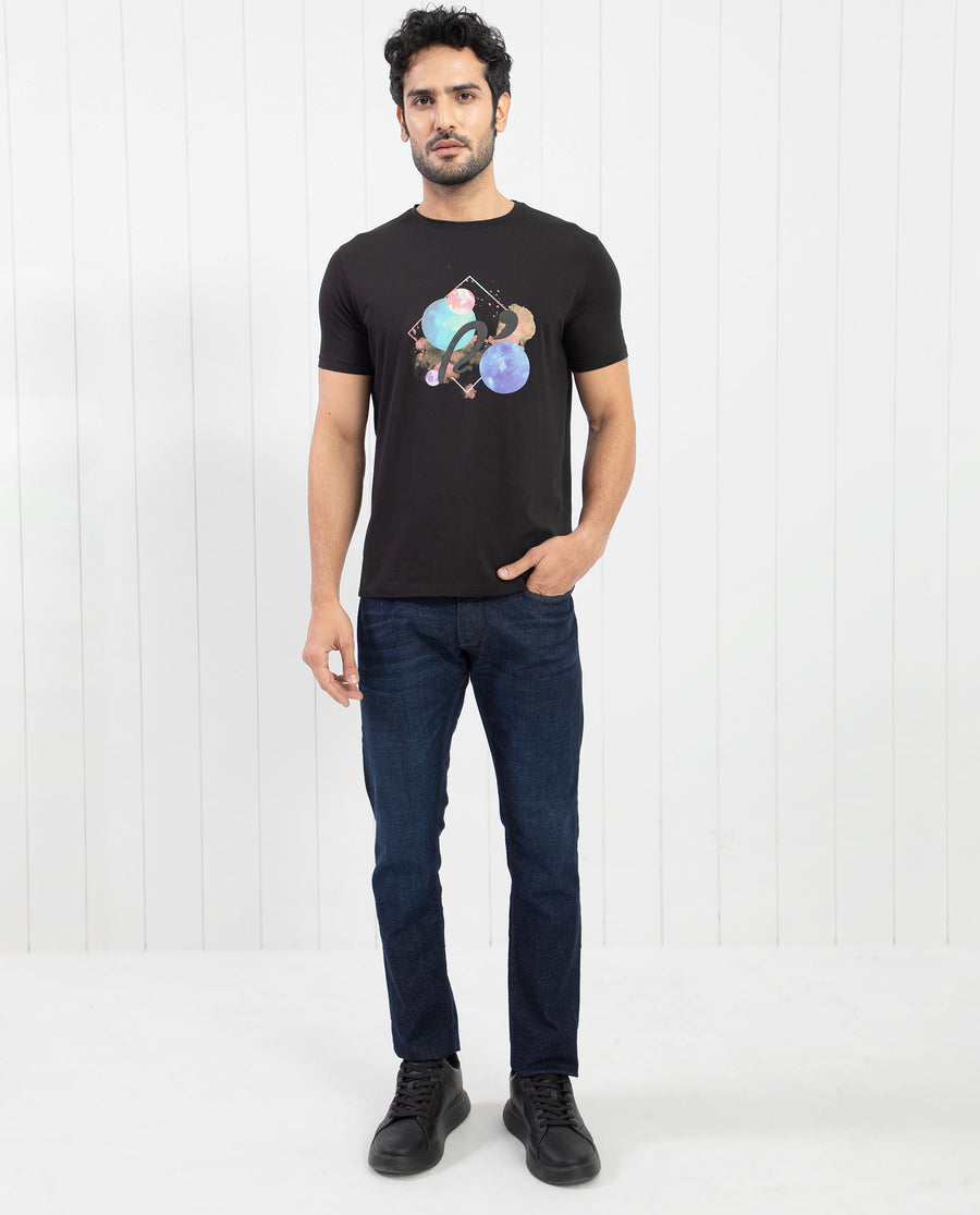 Rare Rabbit Men's Moreno Black Cotton Graphic Print Regular Fit Half Sleeve Crew Neck T-Shirt