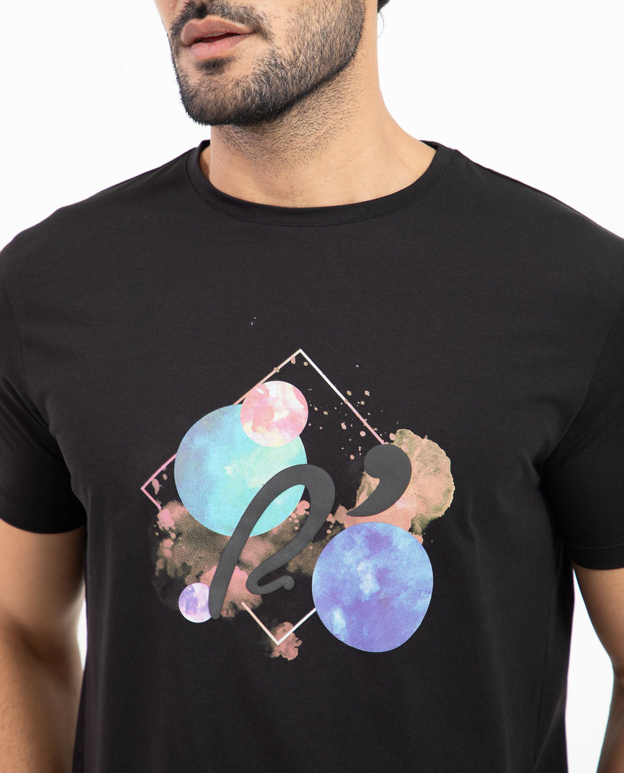 Rare Rabbit Men's Moreno Black Cotton Graphic Print Regular Fit Half Sleeve Crew Neck T-Shirt