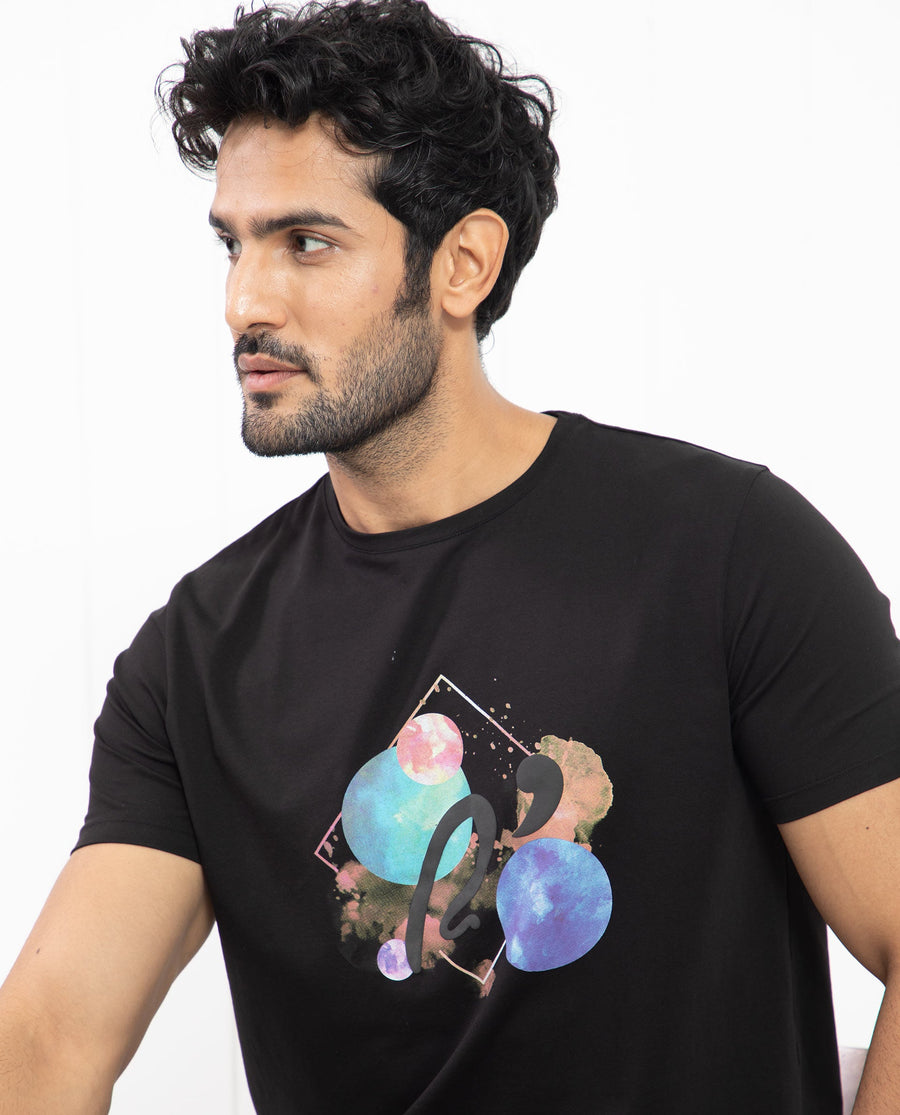 Rare Rabbit Men's Moreno Black Cotton Graphic Print Regular Fit Half Sleeve Crew Neck T-Shirt