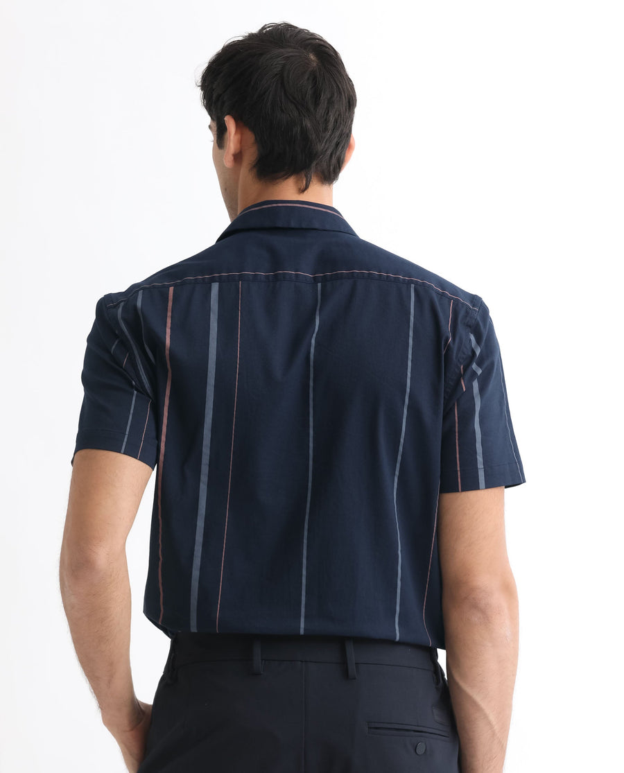 Rare Rabbit Men's Morlac Dark Navy Cotton Striped Print Regular Fit Half Sleeve Cuban Collar Shirt