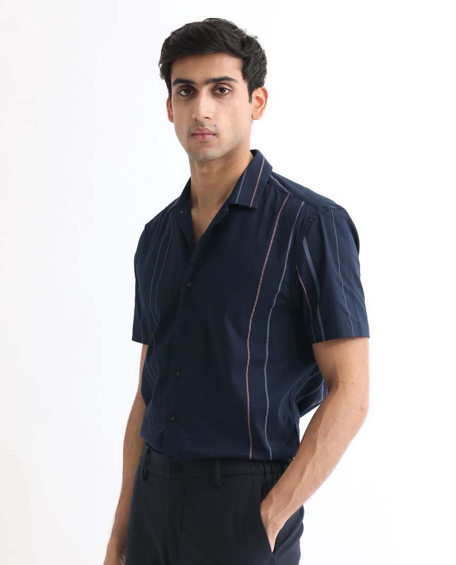 Rare Rabbit Men's Morlac Dark Navy Cotton Striped Print Regular Fit Half Sleeve Cuban Collar Shirt