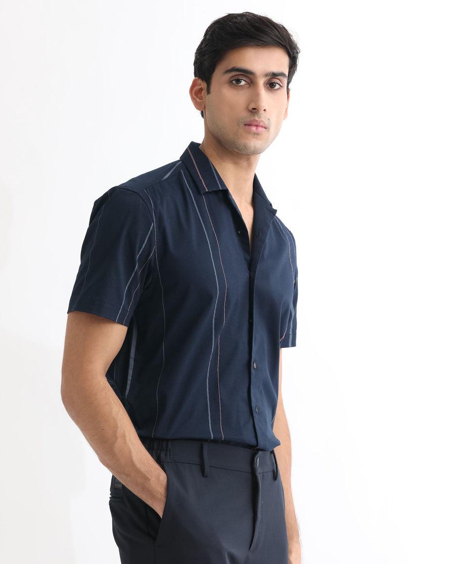 Rare Rabbit Men's Morlac Dark Navy Cotton Striped Print Regular Fit Half Sleeve Cuban Collar Shirt
