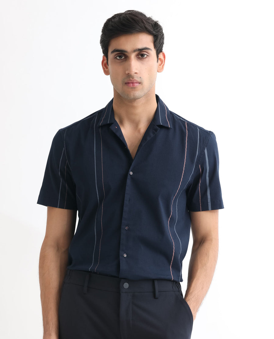 Rare Rabbit Men's Morlac Dark Navy Cotton Striped Print Regular Fit Half Sleeve Cuban Collar Shirt