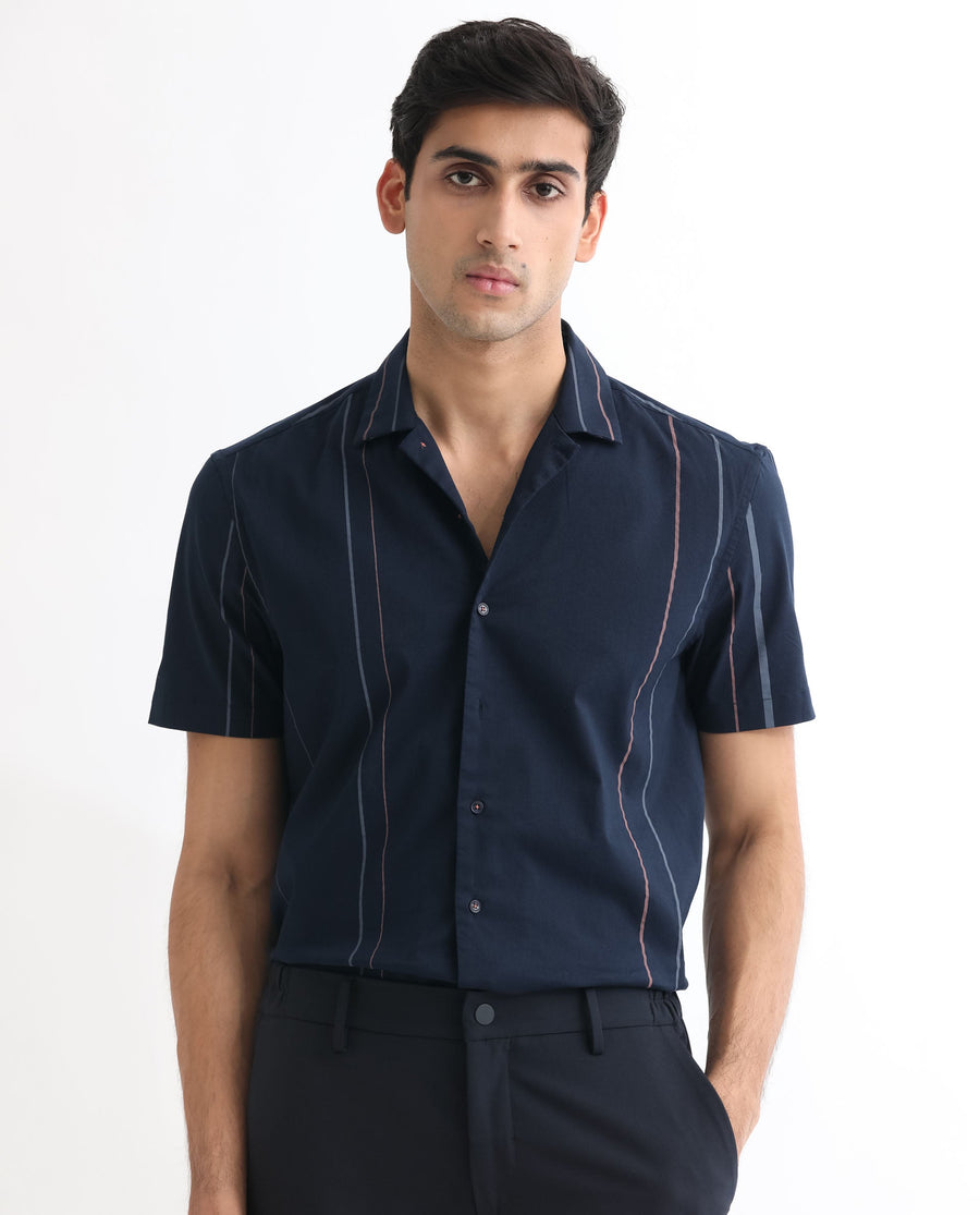 Rare Rabbit Men's Morlac Dark Navy Cotton Striped Print Regular Fit Half Sleeve Cuban Collar Shirt