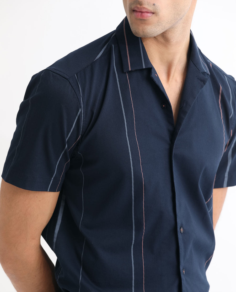 Rare Rabbit Men's Morlac Dark Navy Cotton Striped Print Regular Fit Half Sleeve Cuban Collar Shirt