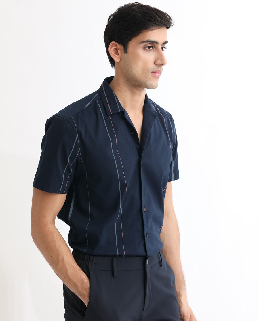 Rare Rabbit Men's Morlac Dark Navy Cotton Striped Print Regular Fit Half Sleeve Cuban Collar Shirt