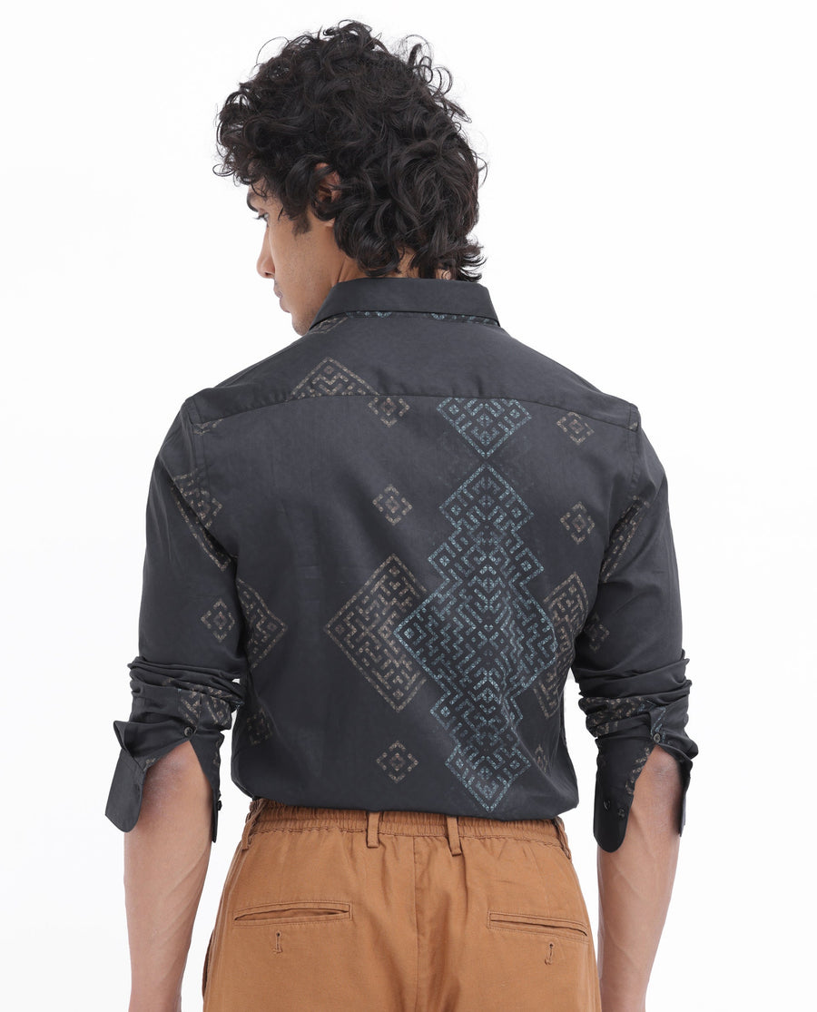 Rare Rabbit Men's Mosac Black Cotton Geometric Print Regular Fit Full Sleeve Collared Shirt