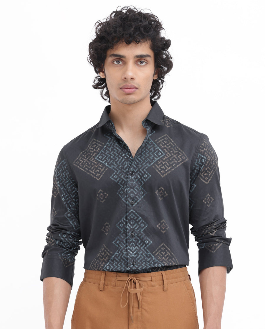 Rare Rabbit Men's Mosac Black Cotton Geometric Print Regular Fit Full Sleeve Collared Shirt