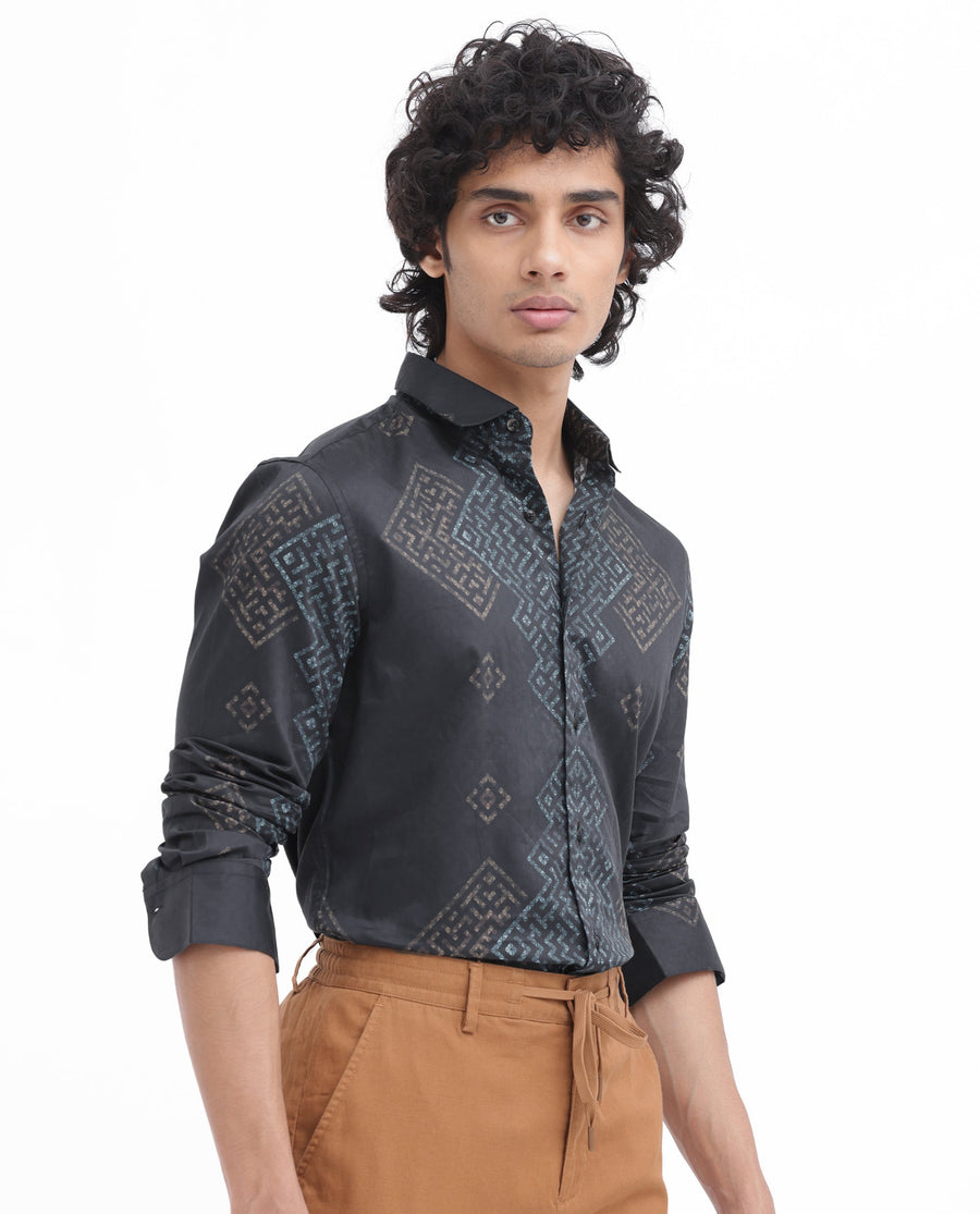 Rare Rabbit Men's Mosac Black Cotton Geometric Print Regular Fit Full Sleeve Collared Shirt