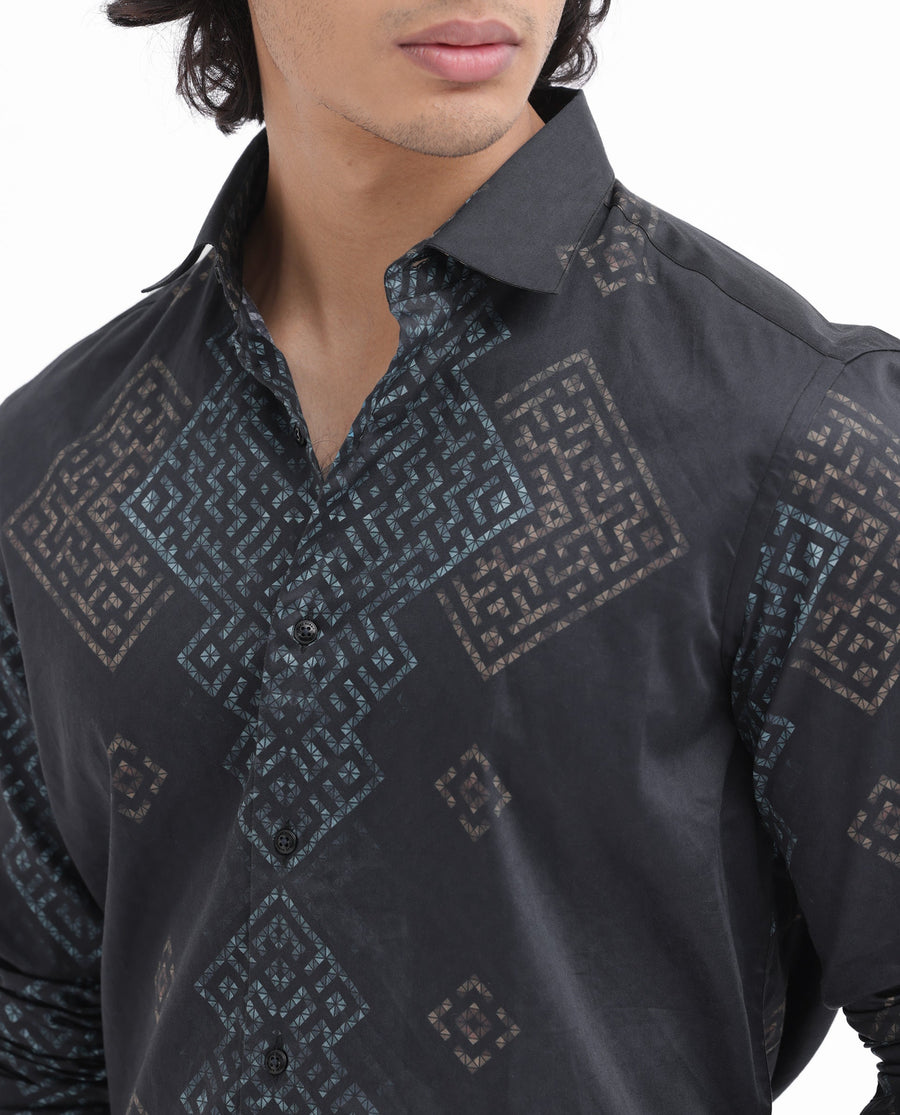 Rare Rabbit Men's Mosac Black Cotton Geometric Print Regular Fit Full Sleeve Collared Shirt