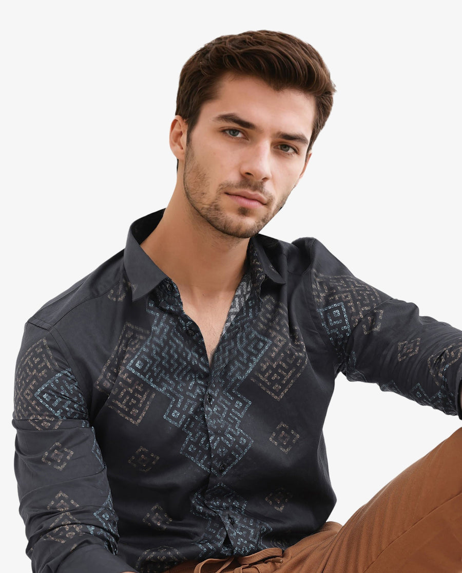 Rare Rabbit Men's Mosac Black Cotton Geometric Print Regular Fit Full Sleeve Collared Shirt