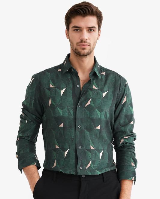Rare Rabbit Men's Mose Green Viscose Geometric Print Regular Fit Full Sleeve Collared Shirt