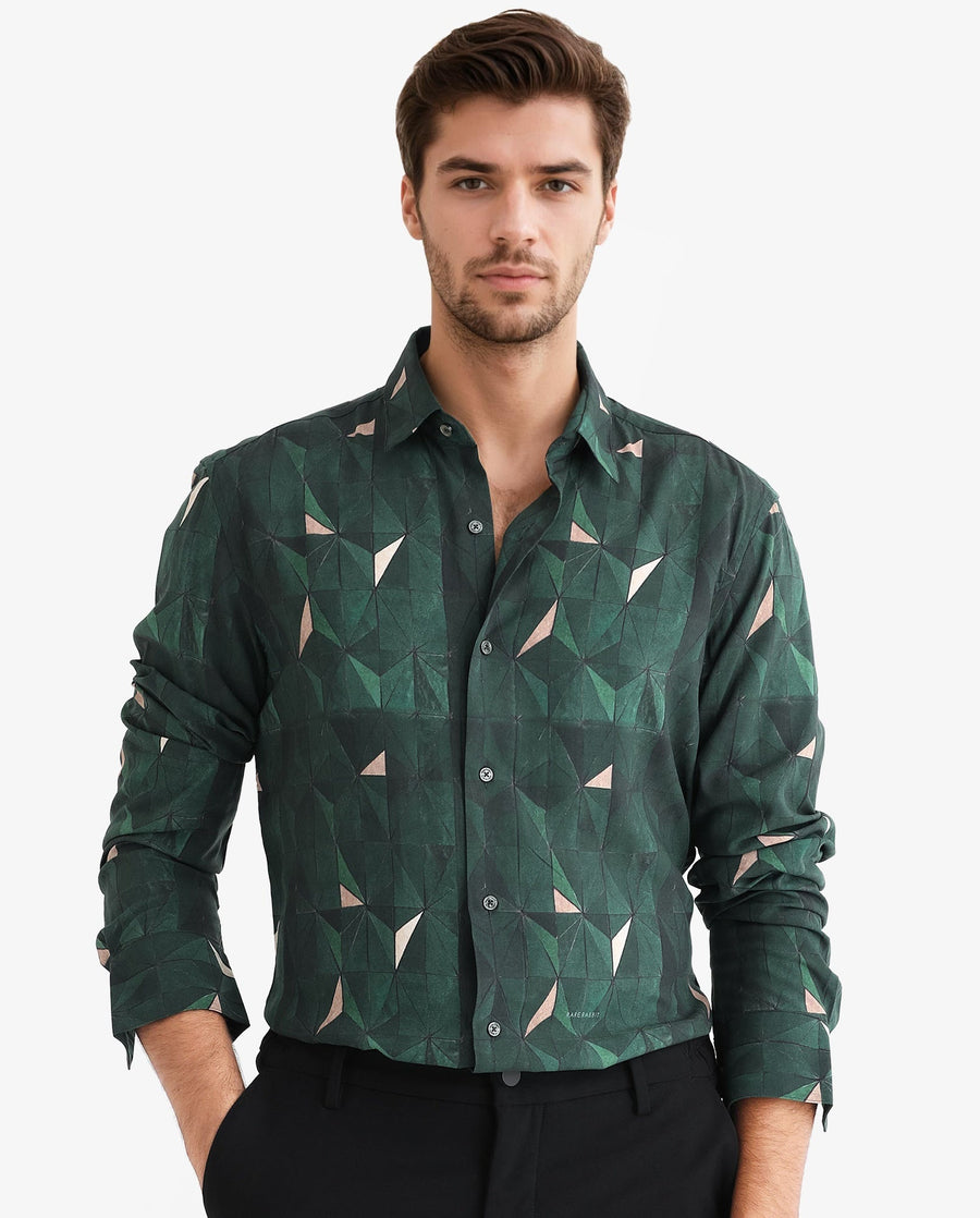 Rare Rabbit Men's Mose Green Viscose Geometric Print Regular Fit Full Sleeve Collared Shirt