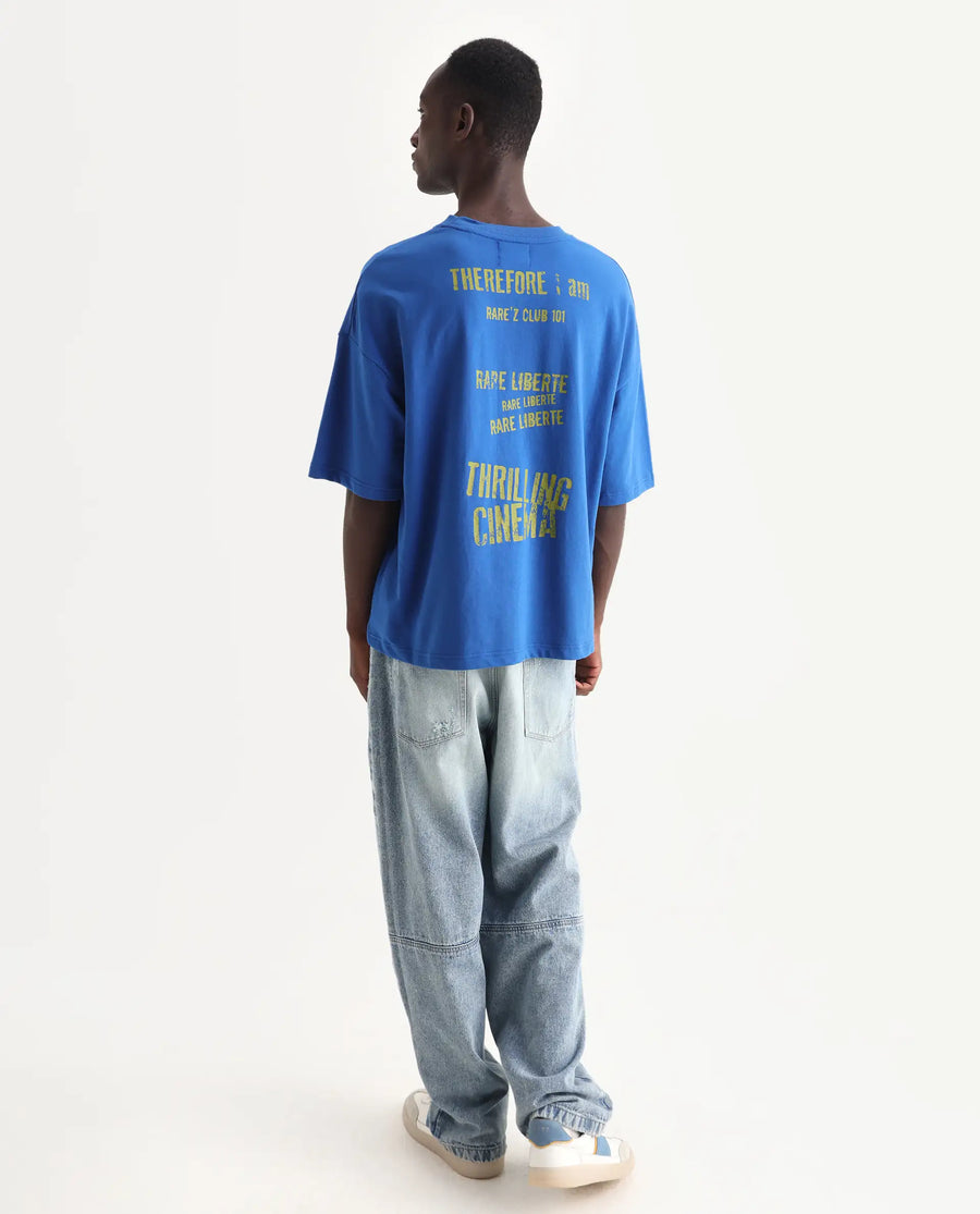 Rare Rabbit Men's Moshe Flouroscent Blue Cotton Graphic Print Oversized Fit Half Sleeve Crew Neck T-Shirt