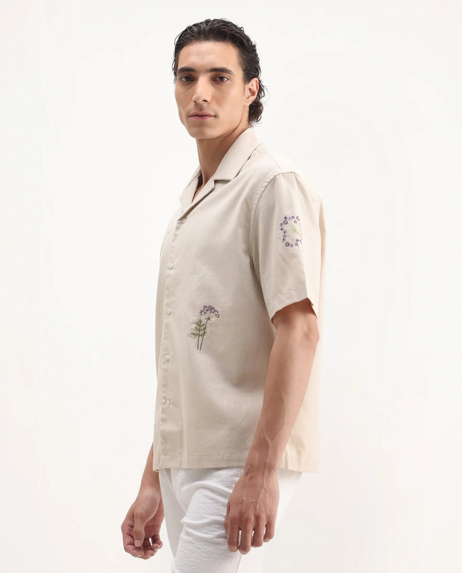 Rare Rabbit Men's Mouzon Off White Cotton Embroidered Relaxed Fit Half Sleeve Cuban Collar Shirt
